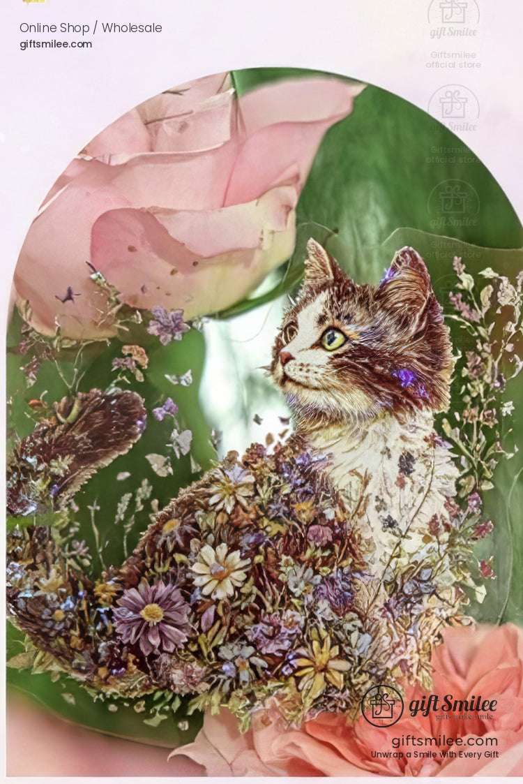 Fluffy tabby cat illustration adorned with colorful wildflowers set against soft pink roses and lush green leaves