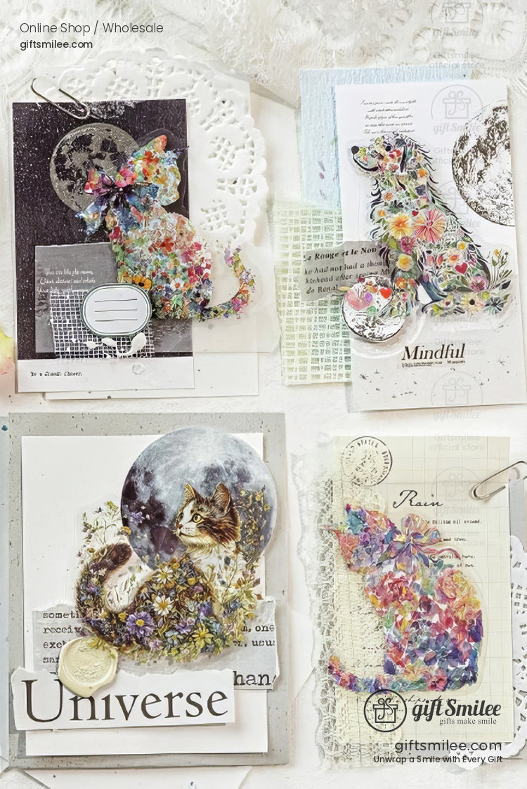 Handmade greeting cards with floral animal designs mixed textures pastel accents lace details and vintage elements