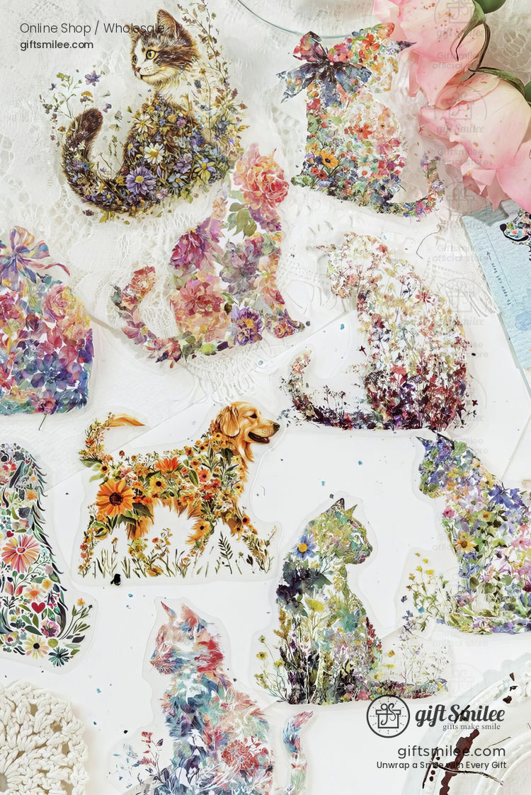 Floralpatterned stickers of cats and a golden retriever with colorful botanical designs on a lace and pink floral backdrop