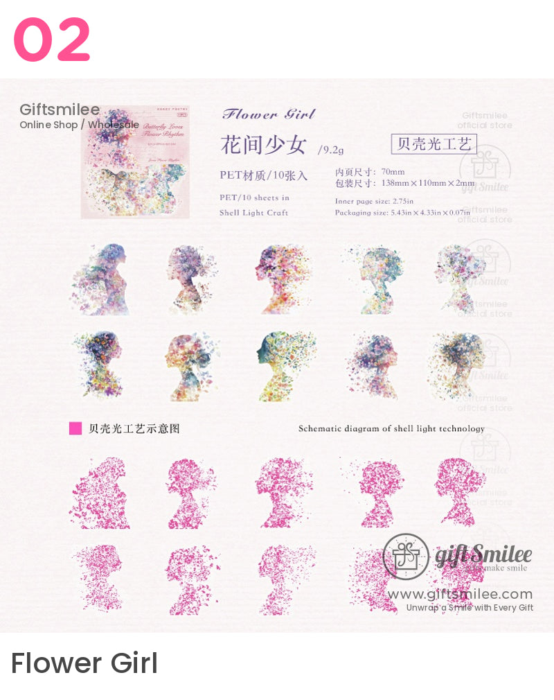 PET sticker set with colorful silhouette designs in floral patterns showcasing unique shell light craft technology