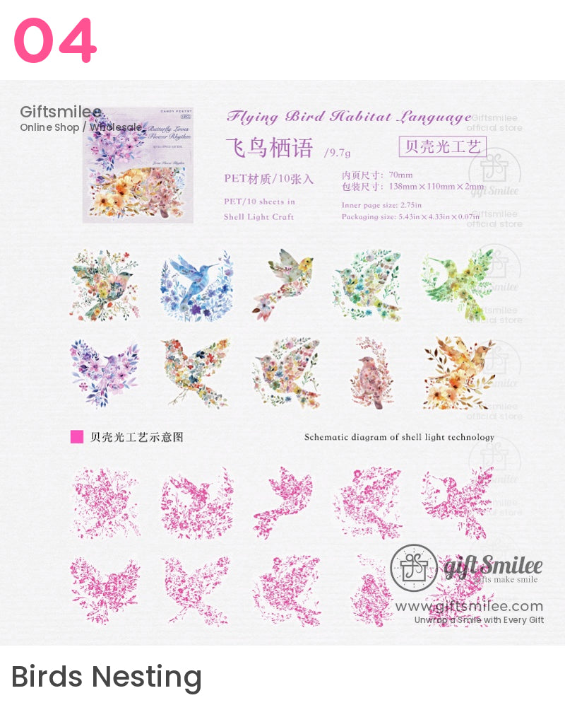 Colorful floralpatterned bird stickers in vibrant PET material featuring intricate designs and shell light craft detailing