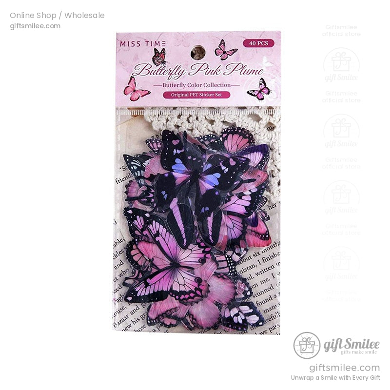 Pink and purple butterfly stickers with intricate details PET material vibrant design ideal for crafts and decoration