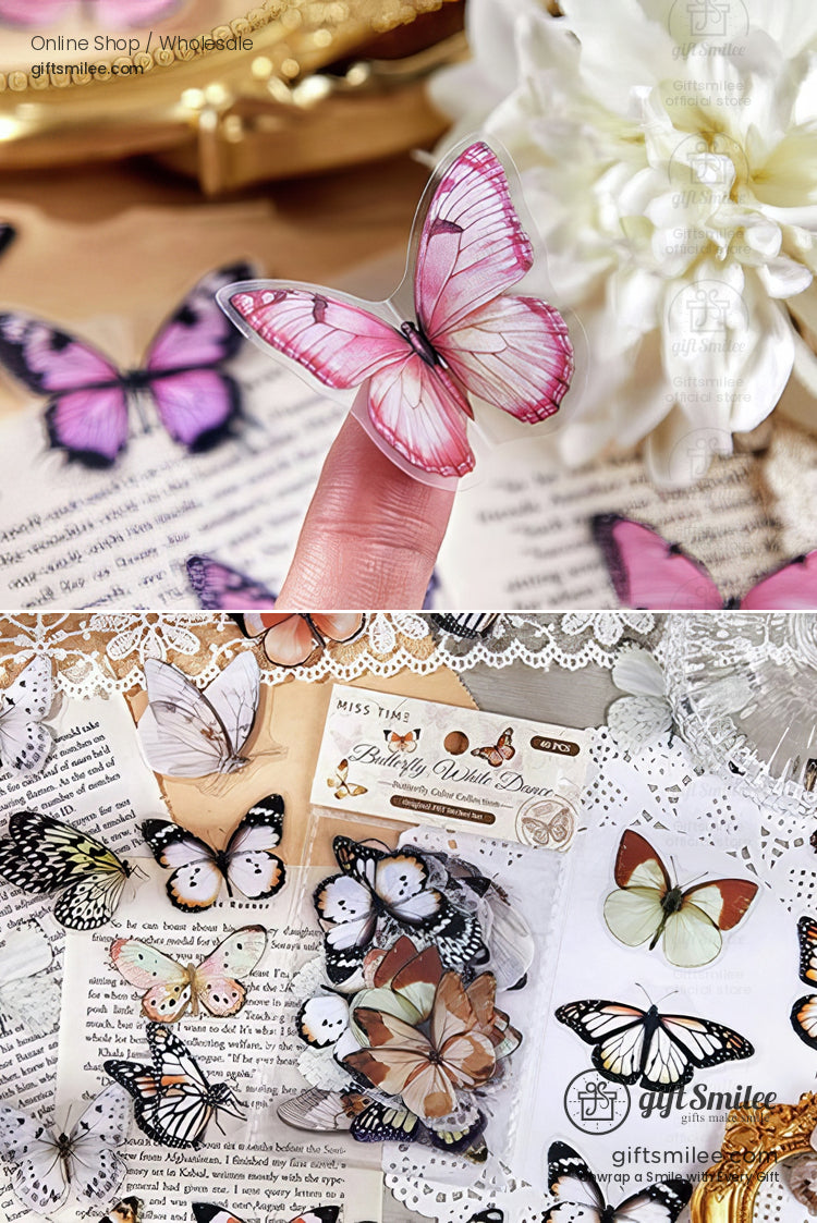 Delicate pink and purple butterfly stickers with intricate wings set on vintagestyle paper and ornate gold accents
