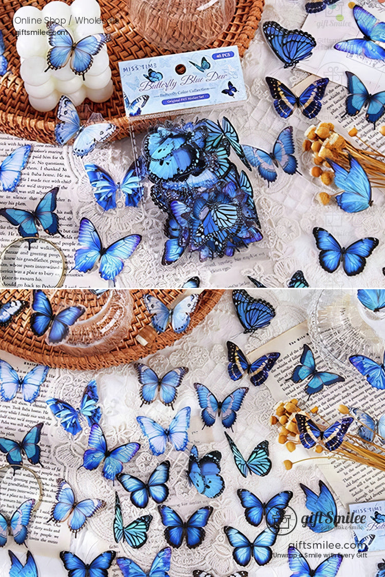Assorted blue butterfly stickers in vibrant hues on a lace backdrop with wicker accents and decorative items