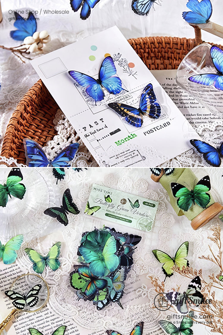 Vibrant butterflythemed stationery with blue and green designs including postcards stickers and delicate lace accents