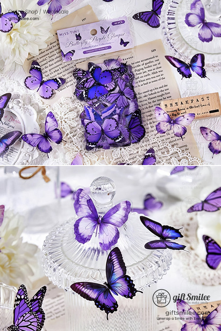 Purple butterfly decorations in various shades with intricate details displayed on lace and glass surfaces