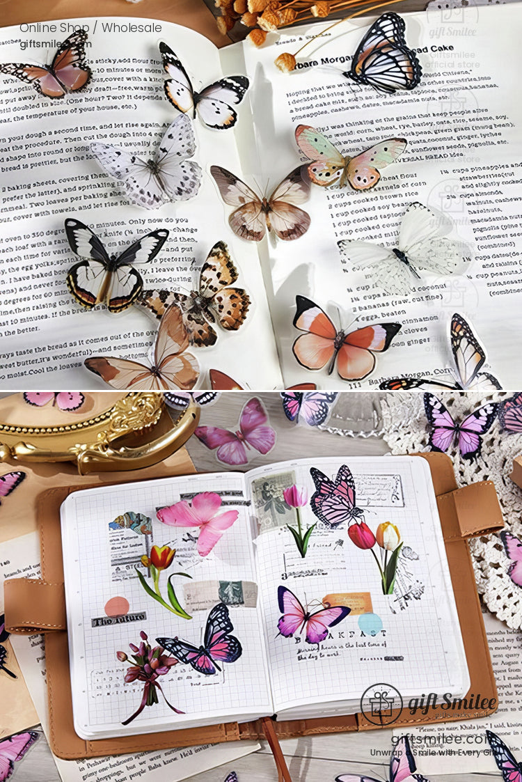 Assorted pastel and monochrome butterfly stickers on open books and a journal with floral and vintage designs
