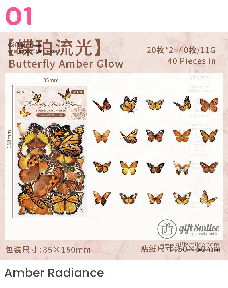 Orange and yellow butterfly stickers in various designs detailed patterns glossy finish 40 pieces set