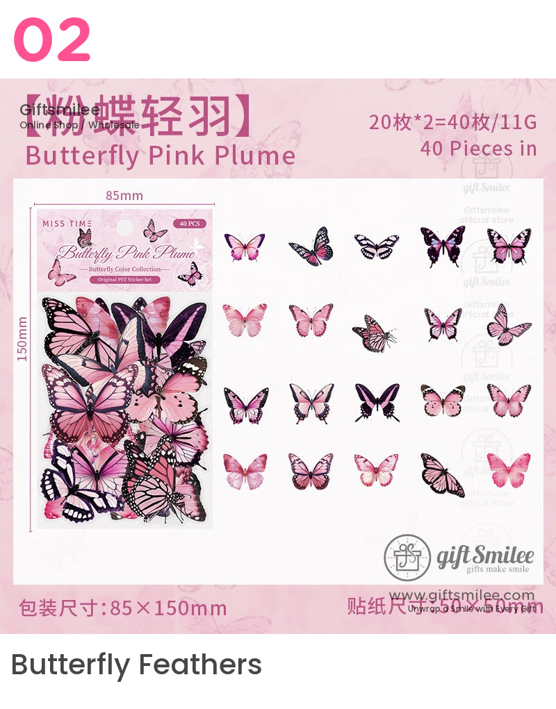 Pink and purple butterfly sticker set with various intricate wing patterns vibrant colors and 40 pieces in a pack