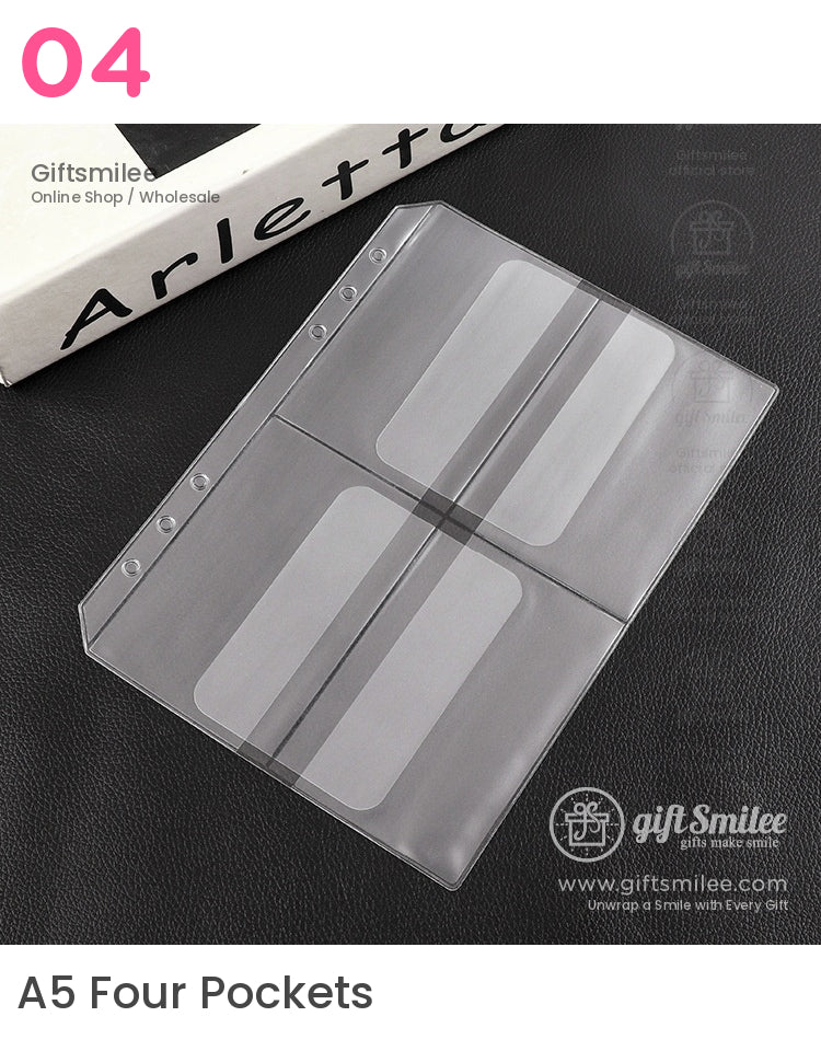 Transparent PVC card holder with dual compartments punched holes and smooth surface on black leather background