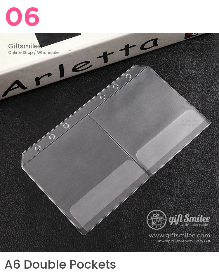 Clear plastic document organizer with six punched holes two compartments and a durable transparent finish