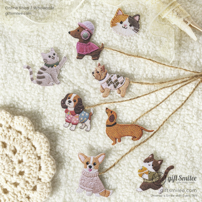 Embroidery-Textured Felt Self-Adhesive Cat Dog Motifs Sticker Set | KS-SA-4256