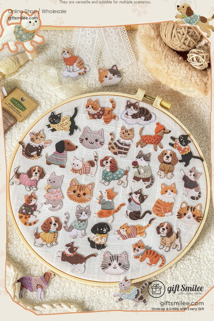 Embroidery-Textured Felt Self-Adhesive Cat Dog Motifs Sticker Set | KS-SA-4256