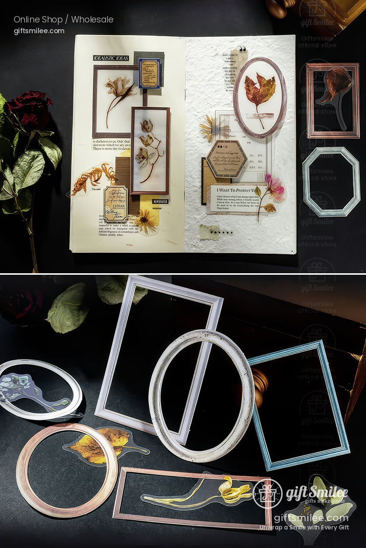 Matte Pet Transparent Overlap Vintage Frame Dried-Flower Prints Sticker Pack | KS-SA-4260
