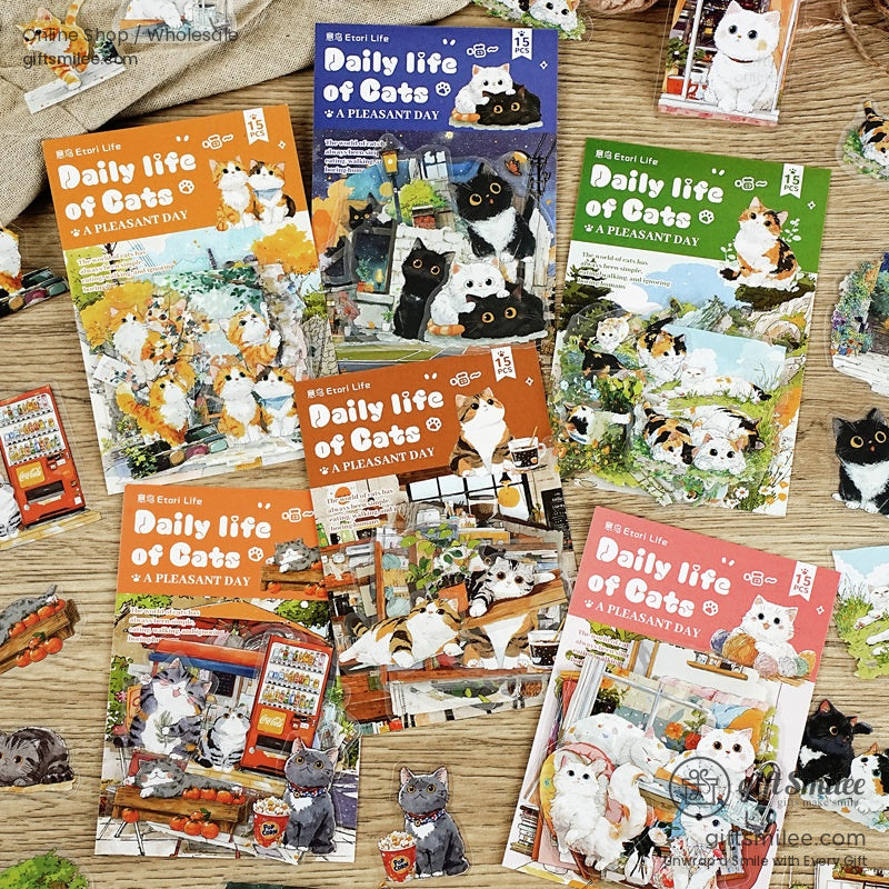 Matte Pet Die-Cut 15-Piece Cat Illustration Sticker Pack | KS-SA-4261