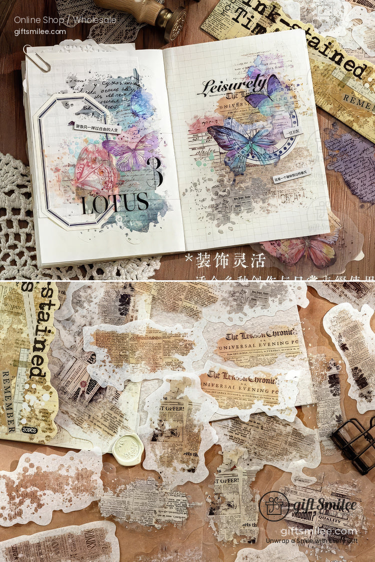 Dual-Material Matte Clear Vintage Ink-Wash Butterfly Prints Decorative Sticker Pack | KS-SA-4265