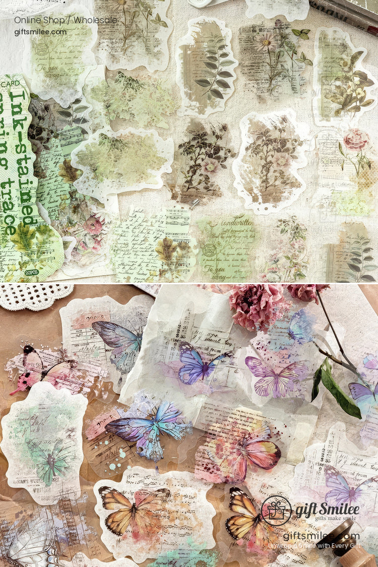 Dual-Material Matte Clear Vintage Ink-Wash Butterfly Prints Decorative Sticker Pack | KS-SA-4265