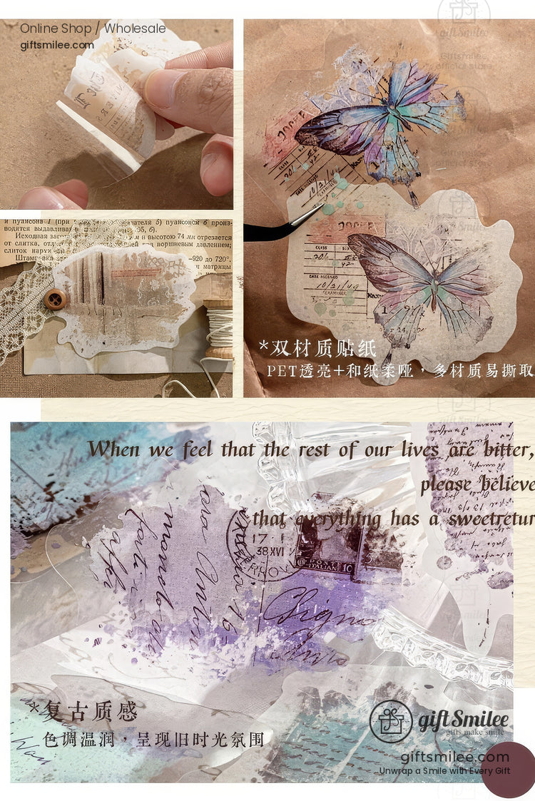Dual-Material Matte Clear Vintage Ink-Wash Butterfly Prints Decorative Sticker Pack | KS-SA-4265