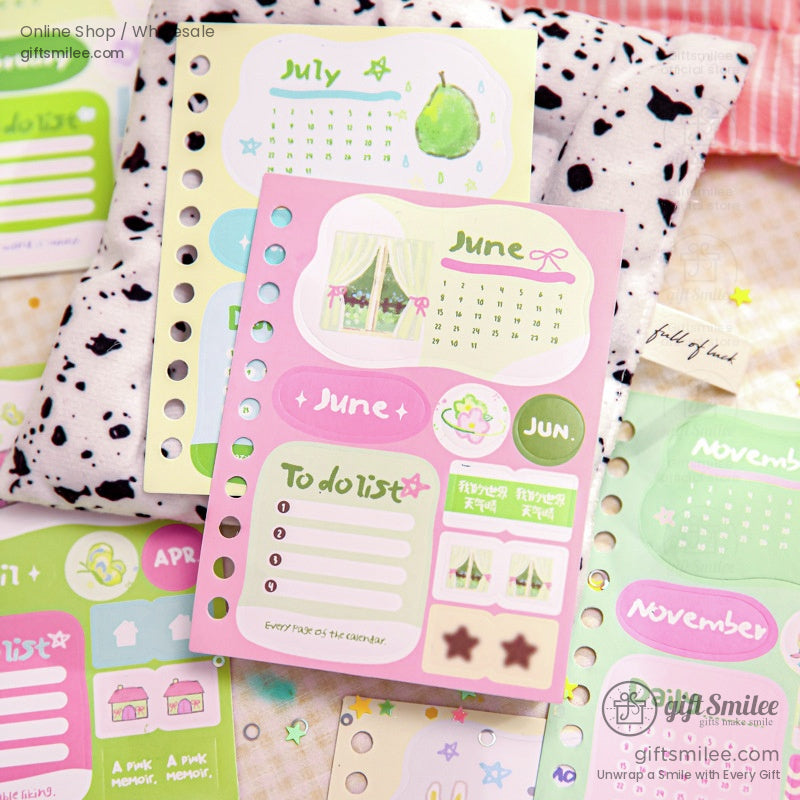 Matte Writable Monthly Inserts 6‑Hole A6 12 Sheets Pastel Foil Accents Planner Sticker Sheets | KS-SA-4267