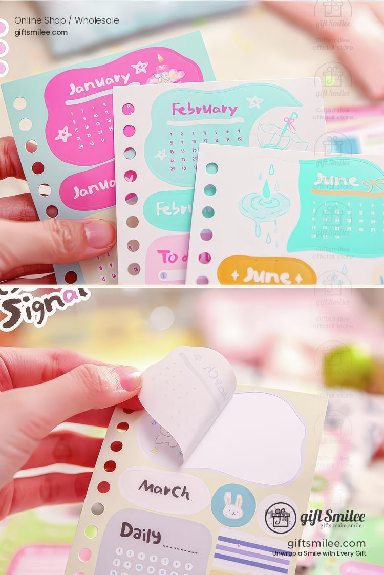 Matte Writable Monthly Inserts 6‑Hole A6 12 Sheets Pastel Foil Accents Planner Sticker Sheets | KS-SA-4267
