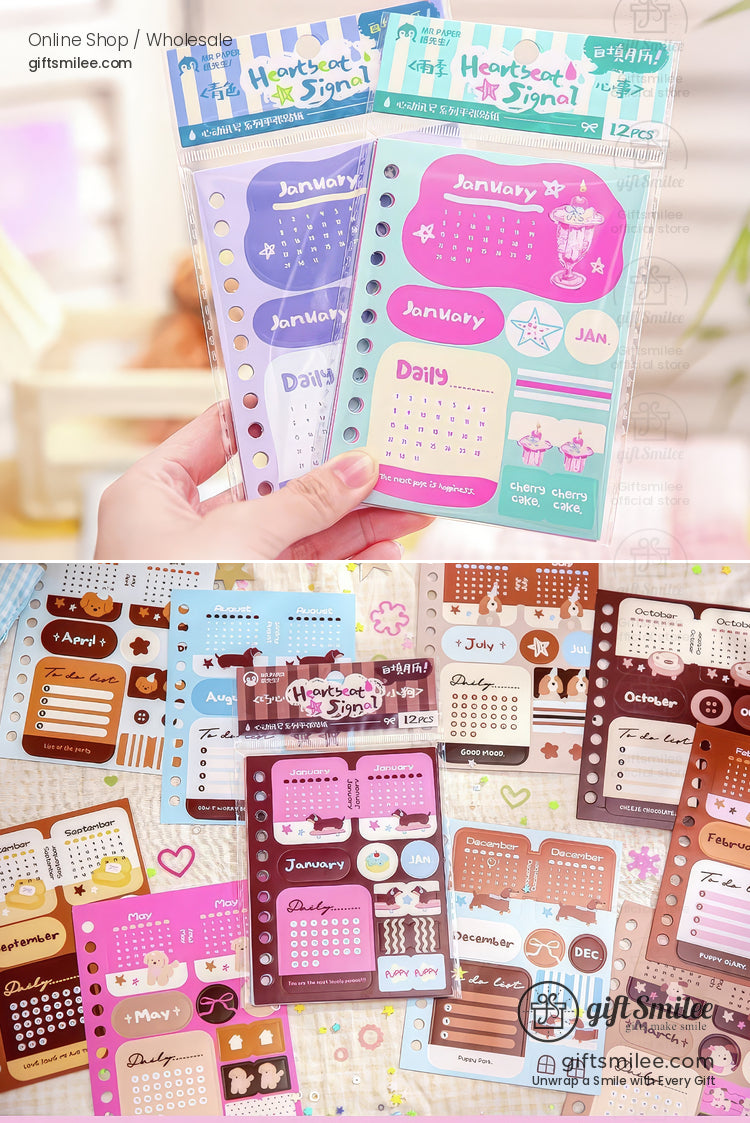 Matte Writable Monthly Inserts 6‑Hole A6 12 Sheets Pastel Foil Accents Planner Sticker Sheets | KS-SA-4267
