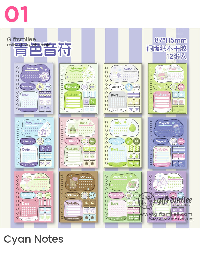 Matte Writable Monthly Inserts 6‑Hole A6 12 Sheets Pastel Foil Accents Planner Sticker Sheets | KS-SA-4267