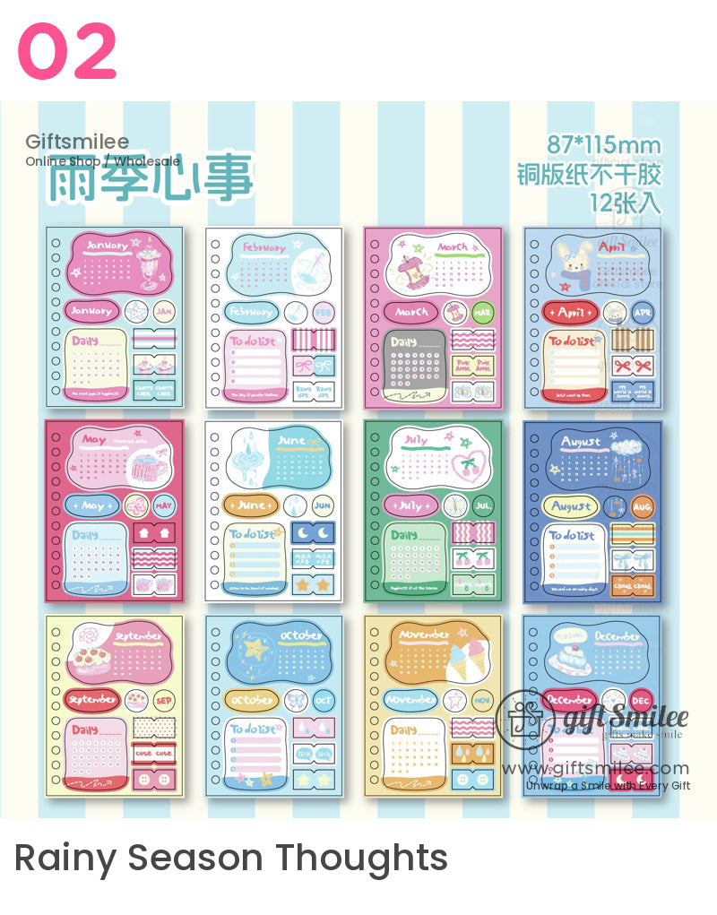 Matte Writable Monthly Inserts 6‑Hole A6 12 Sheets Pastel Foil Accents Planner Sticker Sheets | KS-SA-4267