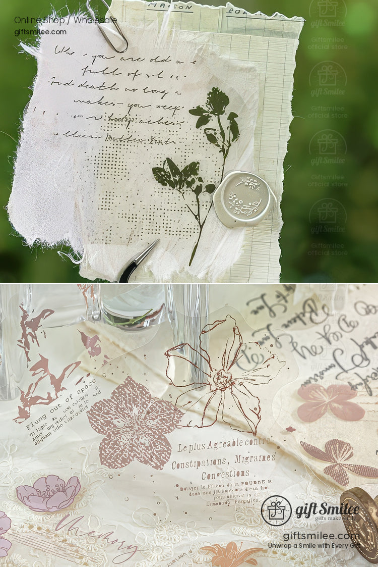 Pet White-Ink Botanical Semi-Transparent Vintage Tones Decorative Sticker Pack | KS-SA-4270