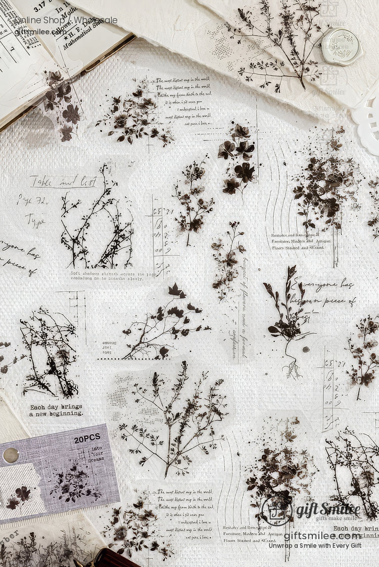 Pet White-Ink Botanical Semi-Transparent Vintage Tones Decorative Sticker Pack | KS-SA-4270