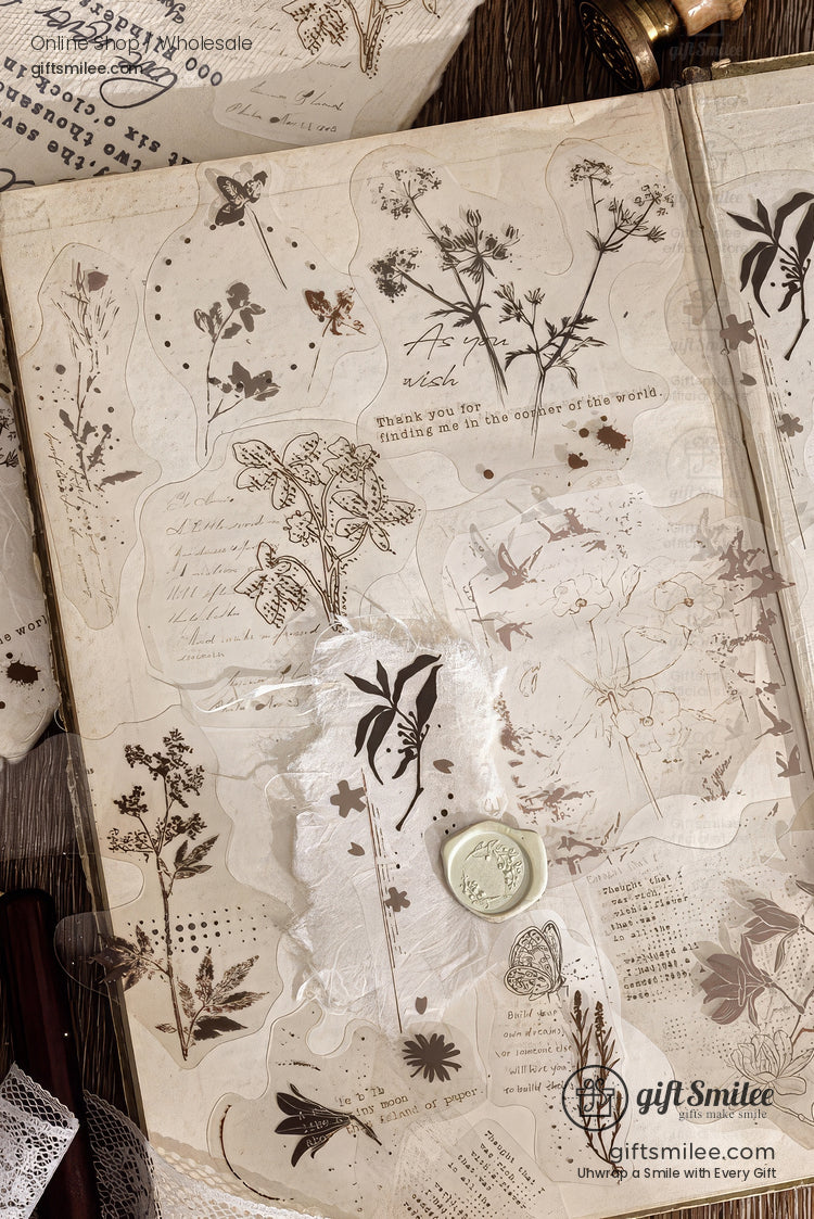 Pet White-Ink Botanical Semi-Transparent Vintage Tones Decorative Sticker Pack | KS-SA-4270