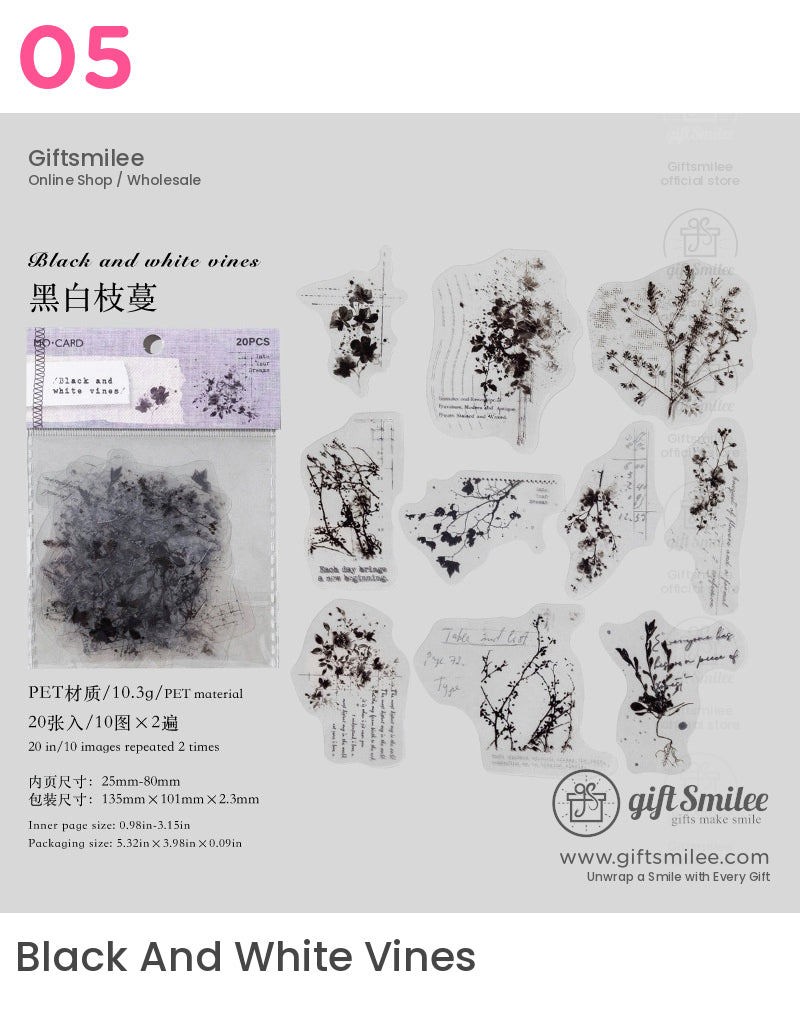 Pet White-Ink Botanical Semi-Transparent Vintage Tones Decorative Sticker Pack | KS-SA-4270