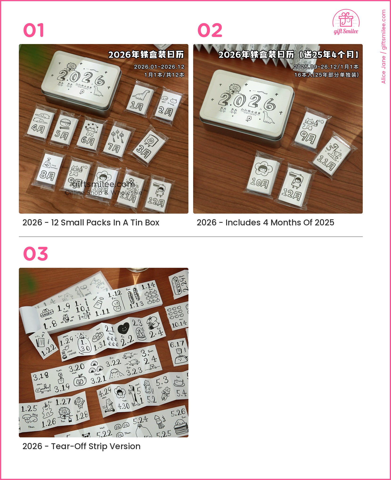 Compact silver tin box with 12 individually wrapped monthly calendar packs for 2026 featuring minimal black illustrations  