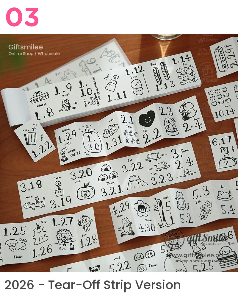Blackandwhite calendar stickers with handdrawn doodles dates and playful animal and foodthemed designs on glossy paper