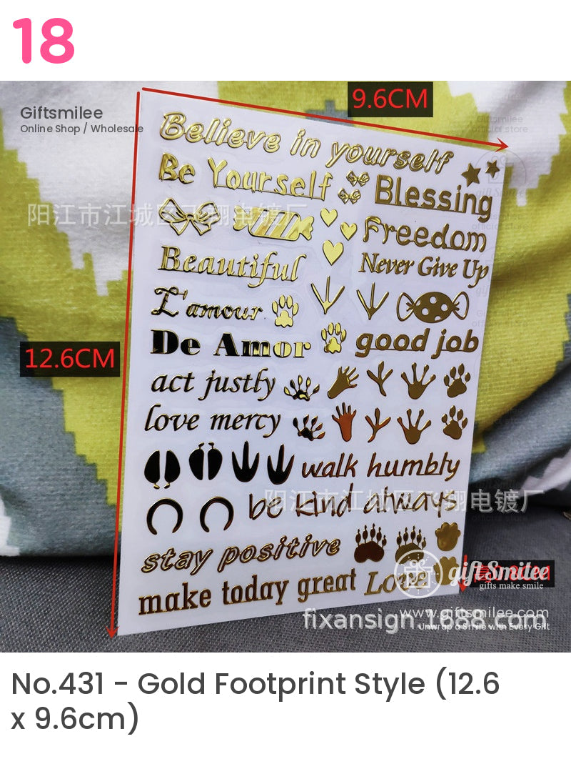 Gold motivational text and symbols on a white 126x96 cm sticker sheet featuring paw prints hearts and inspirational phrases