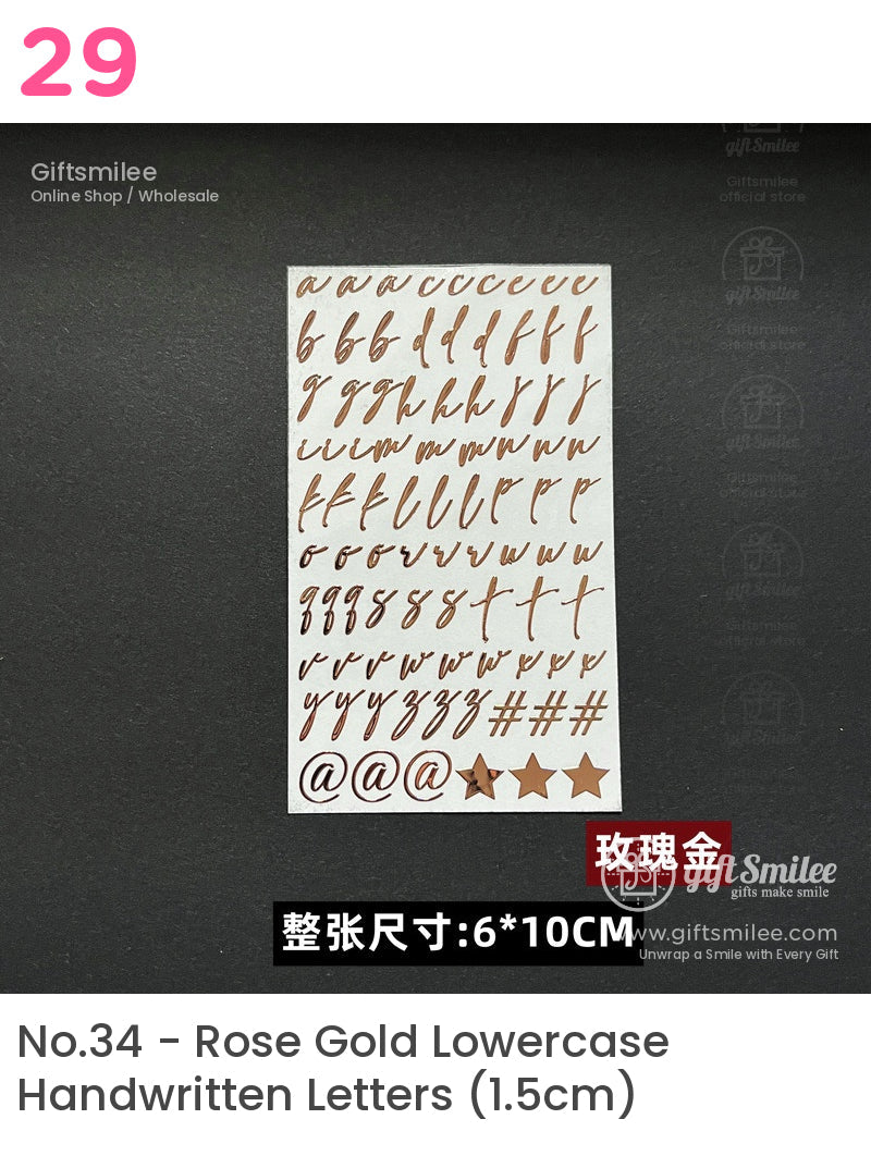 Rose gold cursive letter and symbol nail art stickers on a white sheet 6x10 cm size elegant and versatile design