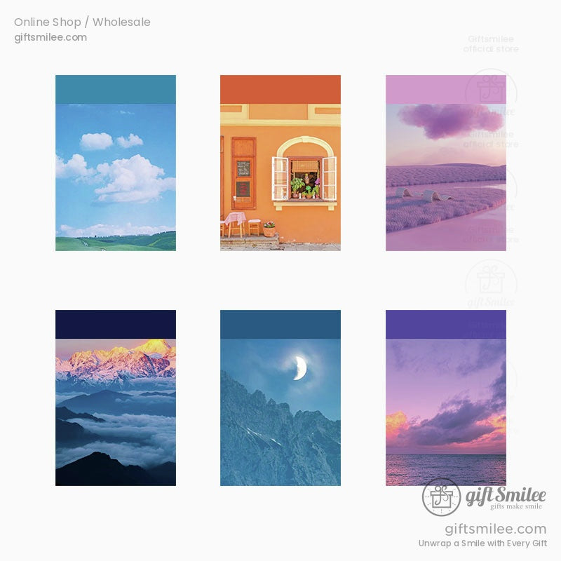 Vibrant landscape collage with blue skies lavender fields orange house snowy peaks crescent moon and ocean sunset