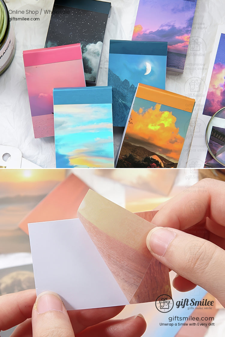 Assorted mini notepads with vibrant skies sunsets and mountain designs featuring smooth tearable glossy paper