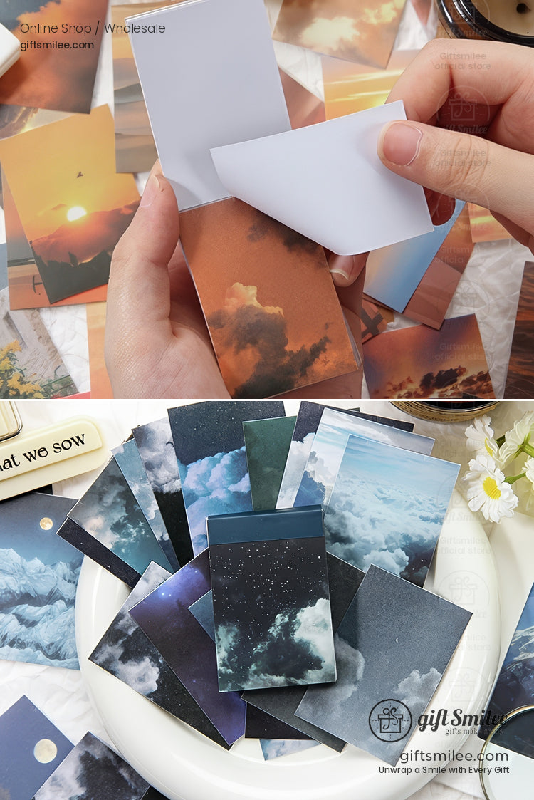 Assorted cloud and sunsetthemed sticky notes with vivid sky prints in warm orange and cool blue tones