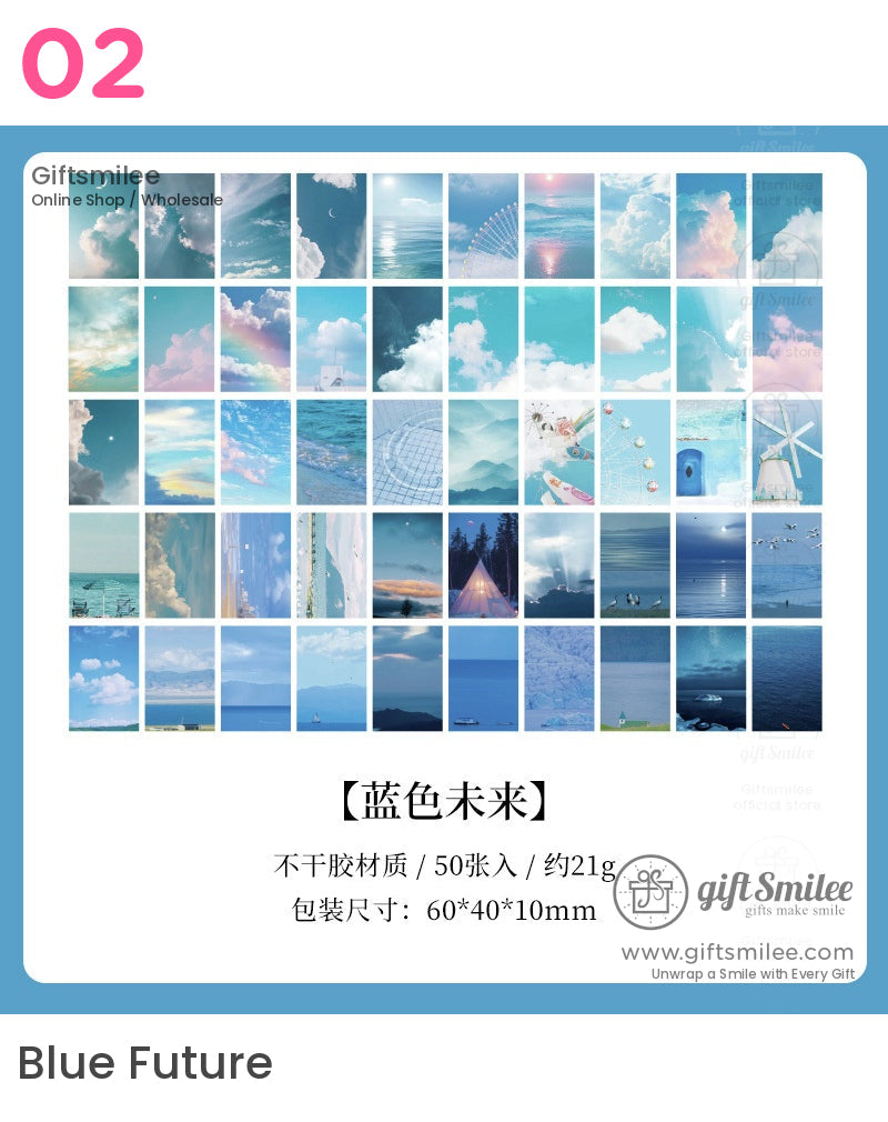 Assorted bluethemed aesthetic stickers with skies clouds oceans and dreamy landscapes nonadhesive compact packaging