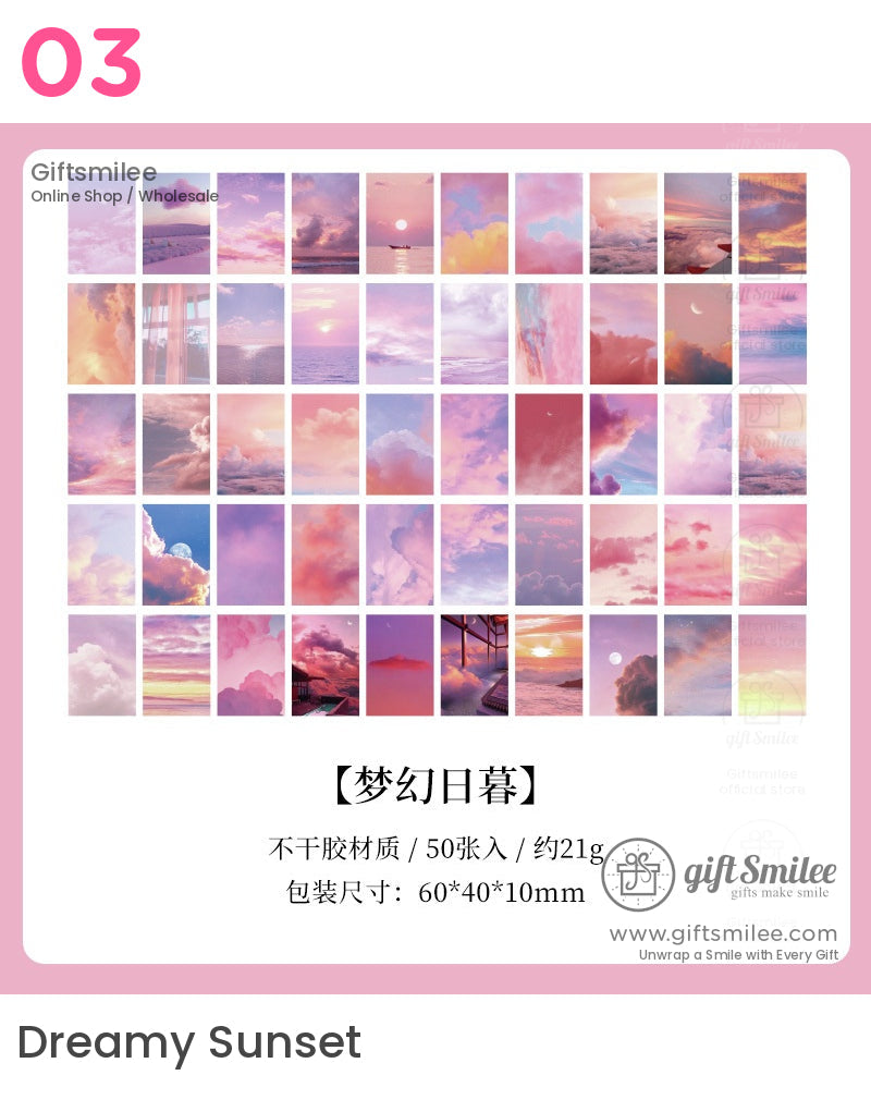 Pastel pink and purple sunsetthemed sticker set with soft clouds dreamy skies and scenic watercolorlike designs
