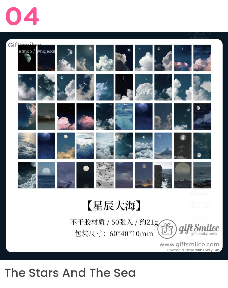 Assorted moon and cloudthemed sticker set featuring dark blue skies crescent moons clouds and nightscapes 50 pieces