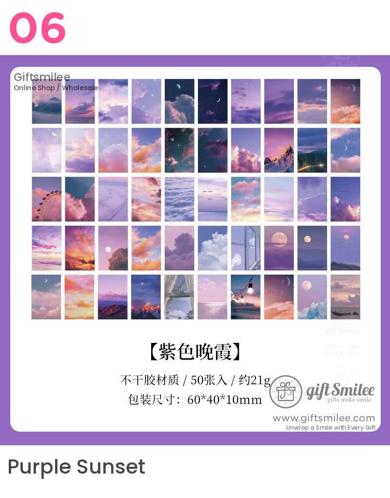Set of 50 purplethemed sky stickers with sunsets clouds and crescent moons on glossy nonstick material