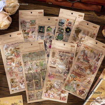 Assorted vintagestyle sticker packs with delicate illustrations of flowers clocks and decor on kraft paper packaging