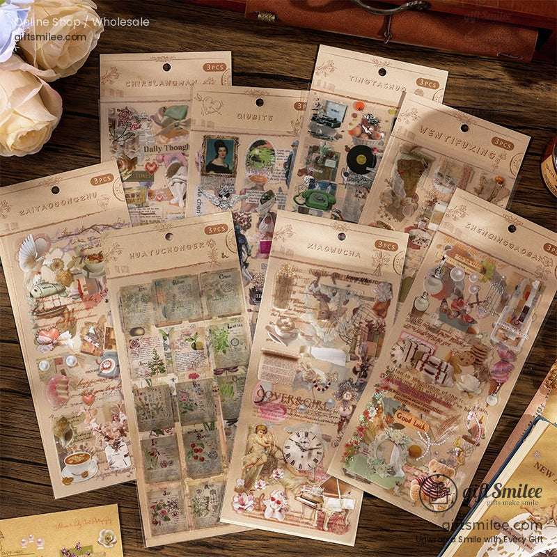 Assorted vintagestyle sticker packs with delicate illustrations of flowers clocks and decor on kraft paper packaging