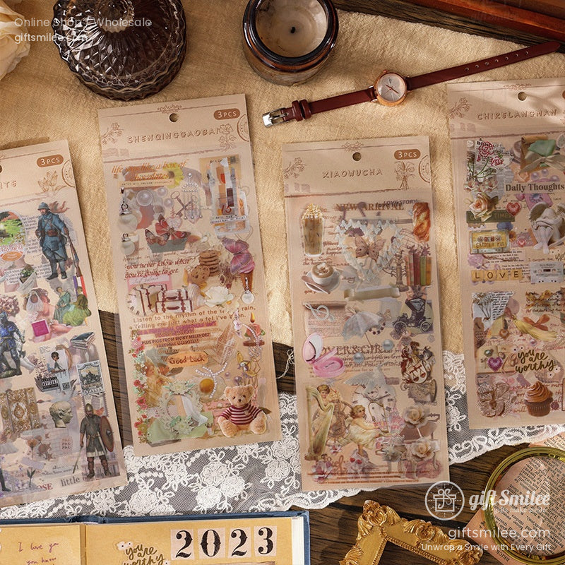 Assorted vintagestyle sticker packs with delicate illustrations of flowers clocks and decor on kraft paper packaging