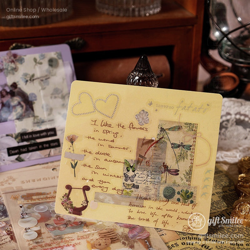 Pastel yellow scrapbook page with handwritten text floral cutouts dragonfly stickers heart stitching and vintage accents