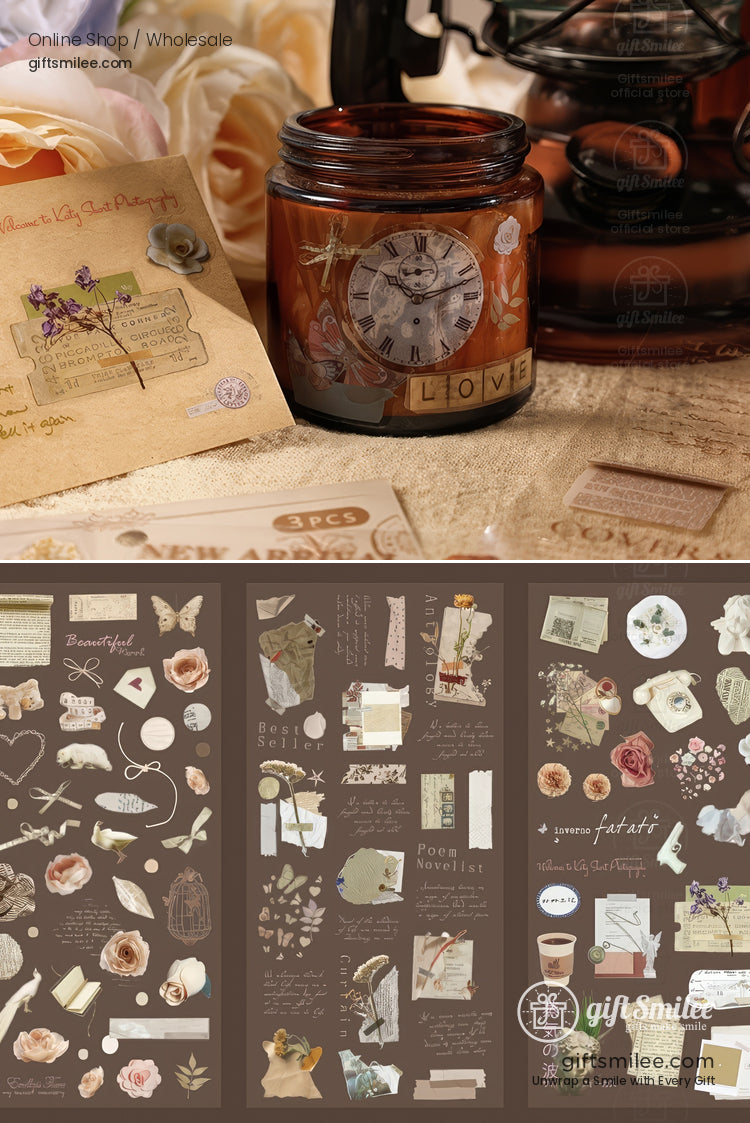 Vintage amber glass jar with clock motif LOVE label floral design and retro stationery on textured beige surface