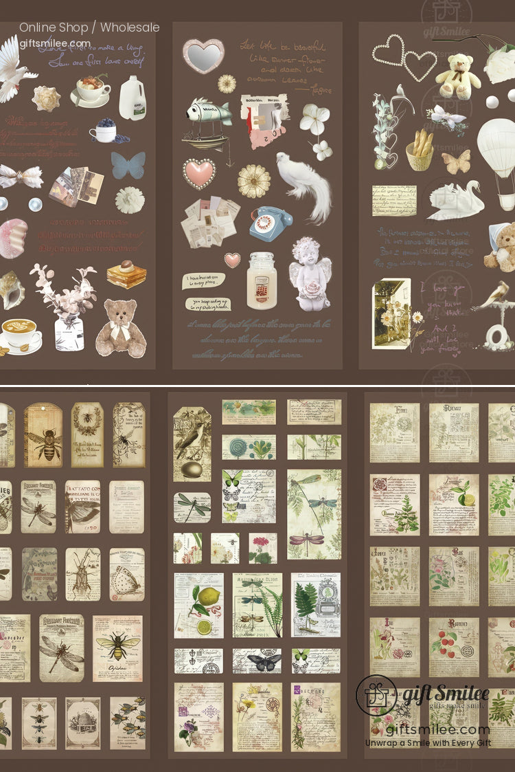 Vintagestyle scrapbook stickers with nature floral and nostalgic designs in muted tones on a dark brown background