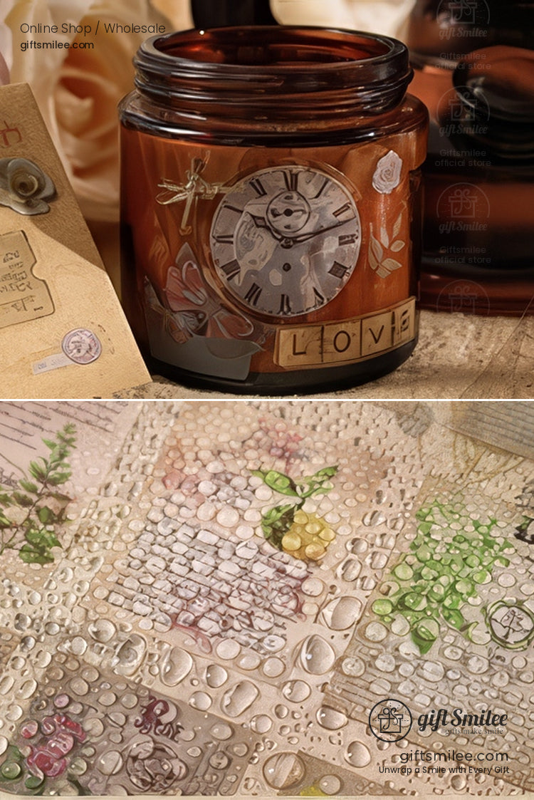 Brown glass candle jar with vintage clock and floral decals Love label paired with DIY waterproof decorative stickers