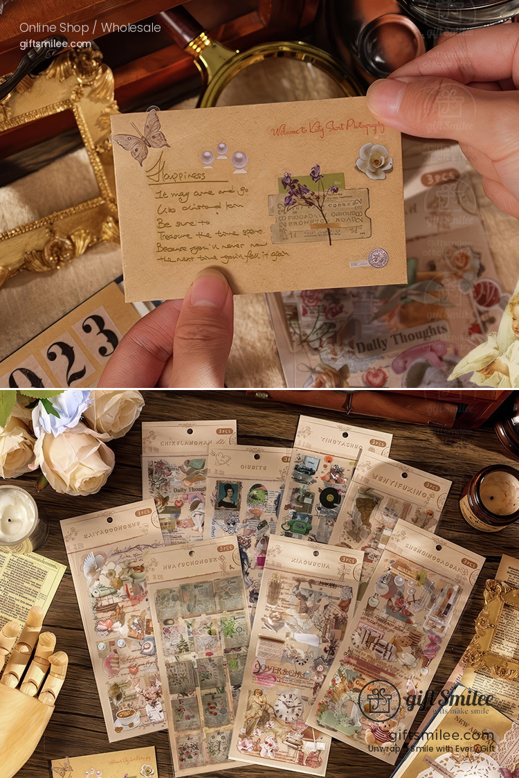 Vintagestyle handcrafted stationery set with floral designs warm beige tones decorative stickers and elegant script